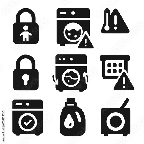 Laundry Safety Icons. Solid style icons of laundry safety and alerts: child lock, water overflow alert, overheating warning, door