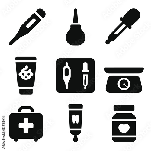 Baby Healthcare Icons. Solid style icons of baby health care: baby thermometer, nasal aspirator, medicine dropper, baby ointment,