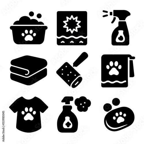 Pet Laundry Icons. Solid style icons of pet laundry care: pet bed wash, fur filter, pet stain remover, soft blanket, lint roller,