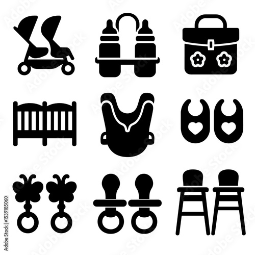 Twin Baby Essentials Icons. Solid style icons of twin baby items: double stroller, twin bottle holder, twin diaper bag, dual crib,