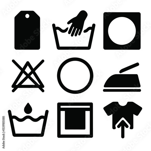 Fabric Care Icons. Solid style icons of fabric care: fabric tag, hand wash symbol, tumble dry low, do not bleach icon, dry clean