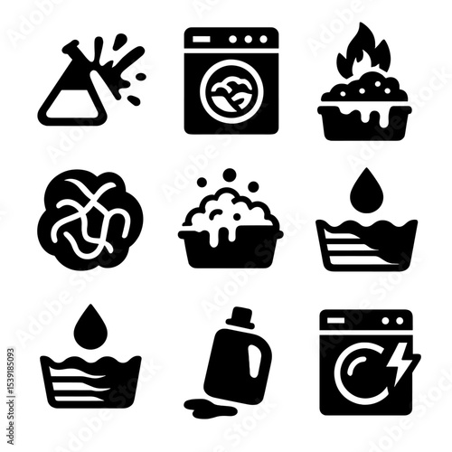 Laundry Hazard Icons. Solid style icons of laundry hazards: bleach splash, overfilled load, lint fire, tangled clothes, soap