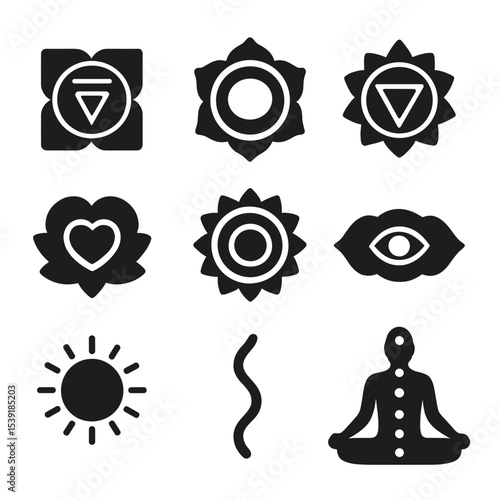 Chakra Icons Alignment. Solid style icons of chakra alignment: root symbol, sacral energy, solar plexus icon, heart center, throat