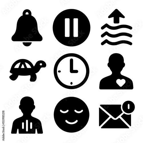 Mindfulness Icons. Solid style icons of mindfulness reminders: bell icon, pause circle, inhale cue, breath marker, slow down sign,