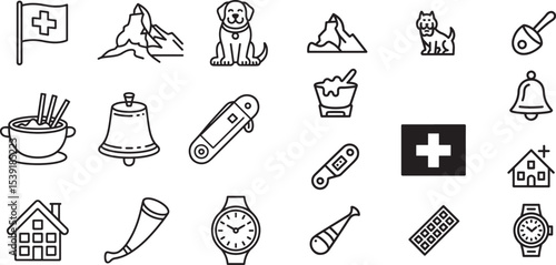 Swiss Culture Line Icons Featuring Mountains, Animals, and Famous Symbols.