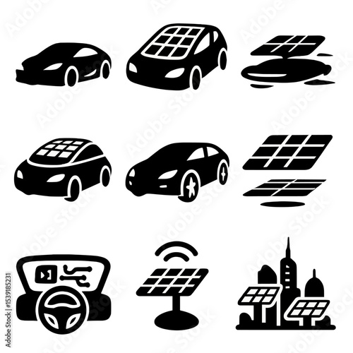 Futuristic Solar Vehicles. Solid style icons of futuristic solar vehicles: concept car, glass roof with cells, solar hovercar,