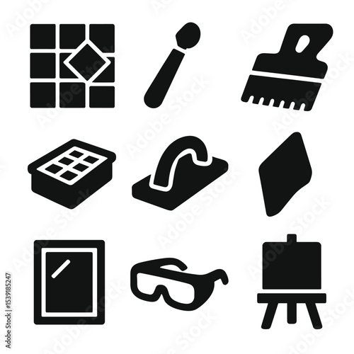 Mosaic Art Tools Icons. Solid style icons of glass and mosaic art: mosaic tile, glass cutter, glue spreader, tile tray, grout tool