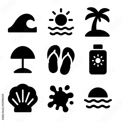 Beach Icons Collection. Solid style icons of beach-themed icons for apps: wave icon, sun and sea, palm tree mark, umbrella badge,