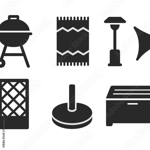 Patio Accessories Icons. Solid style icons of patio accessories: grill, outdoor rug, patio heater, shade sail, garden screen,