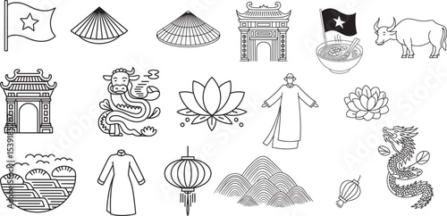 Traditional Vietnamese Culture Line Icons, Showcasing Heritage and Daily Life.