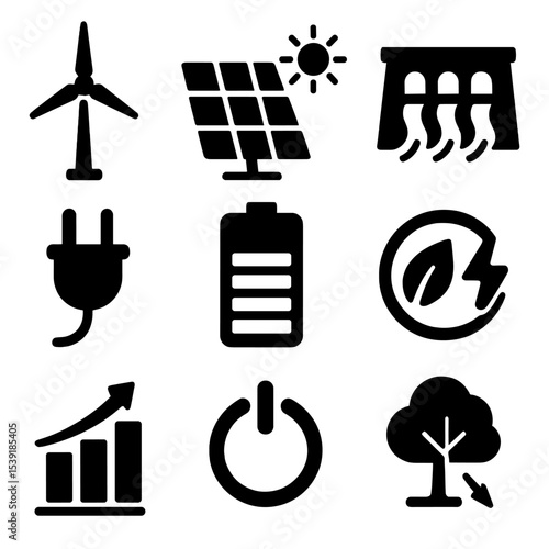 Clean Energy Icons. Solid style icons of clean energy: wind turbine, solar cell, hydropower icon, electric plug, battery storage,