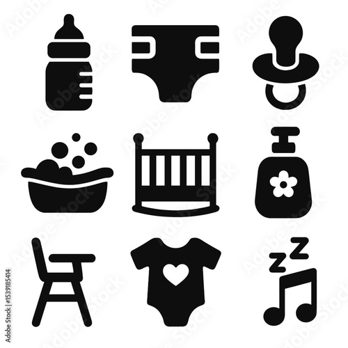 Baby Care Icons. Solid style icons of baby care: baby bottle, diaper icon, pacifier, baby bath, cradle, baby lotion, feeding chair