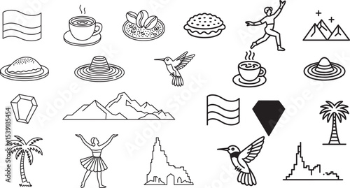 Colombian Culture Line Icons Featuring Coffee, Wildlife, and Traditional Elements.