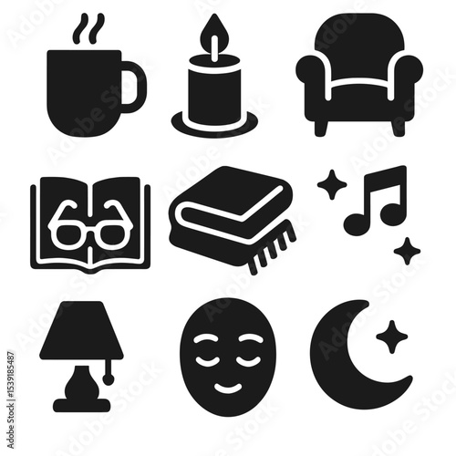Cozy Evening Essentials. Solid style icons of evening relaxation: tea mug, candlelight icon, armchair, book and glasses, blanket