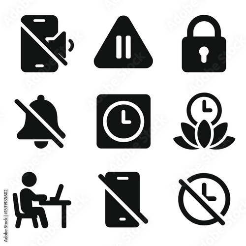 Focus Mode Icons. Solid style icons of focus mode: phone silenced, alert pause, app lock session, ring off icon, time box, calm