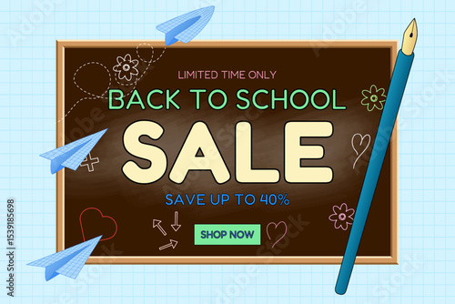 Back to school sale banner with brown chalkboard, paper planes, fountain pen, and doodles on checkered background. For seasonal promotion, shopping advertisement, online store, and marketing material.