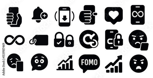 Collection of icons including a bell, a heart, a smiley face, a frowning face, a key, a lock, a check mark, a down arrow, a plus sign, a down arrow, a smiley face, a frown