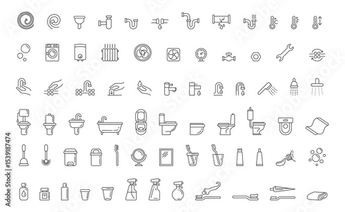 Minimalist line art showcasing bathroom  plumbing icons. Ideal for design projects, infographics, or illustrating home improvement concepts. Clean, simple design.