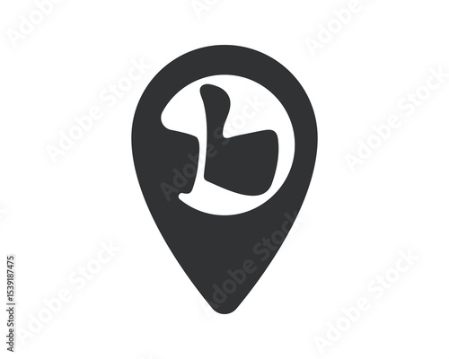 Dark grey location pointer with a thumbsup gesture inside, against a white backdrop. Simple, modern icon for feedback, satisfaction, approval, and geospatial technology concepts.