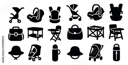 Collection of baby items including strollers, car seats, and baby carriers. The items are all black and white