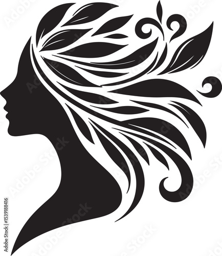Stylized Woman Profile with Nature-Inspired Hair Design	