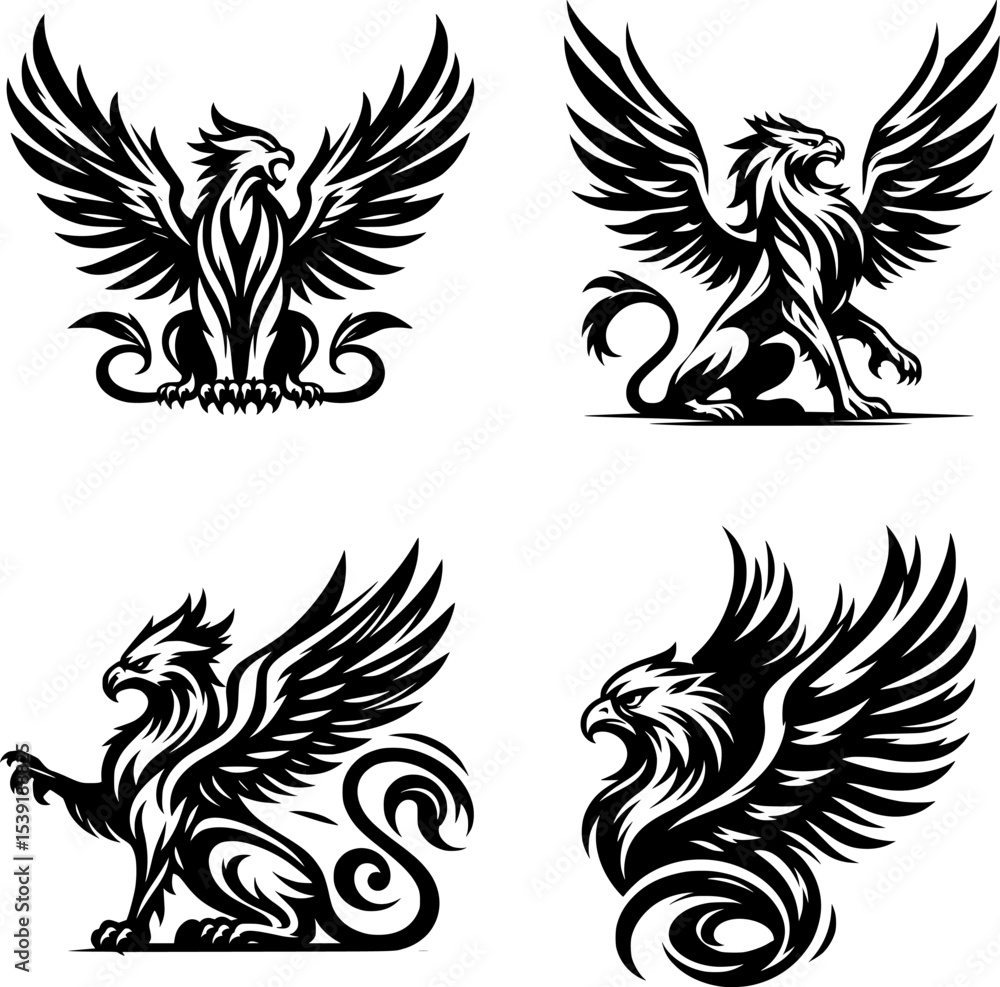 Obraz premium set of minimalist black and white griffin with spread wings and bold lines, ideal for tattoo or fantasy use.