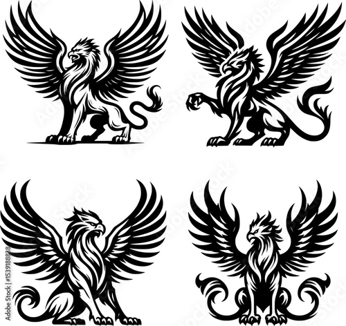 set of minimalist black and white griffin with spread wings and bold lines, ideal for tattoo or fantasy use.