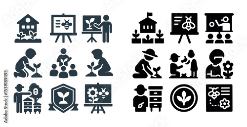 Set of black and white icons that represent various activities related to gardening and nature. The icons include a man planting a seed, a woman tending to a garden