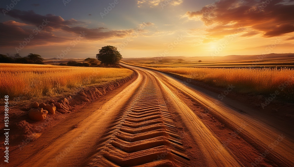 Naklejka premium golden hour dirt road with tire tracks