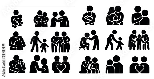 Collection of black and white icons depicting various family members, including a mother and child, a father and child, and a grandfather and grandchild. Scene is warm and loving