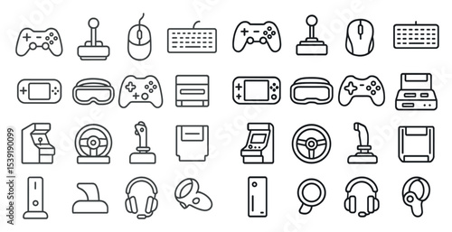Collection of gaming accessories including a keyboard, mouse, controller, and headset. Concept of excitement and adventure, as these items are often used for immersive gaming experiences