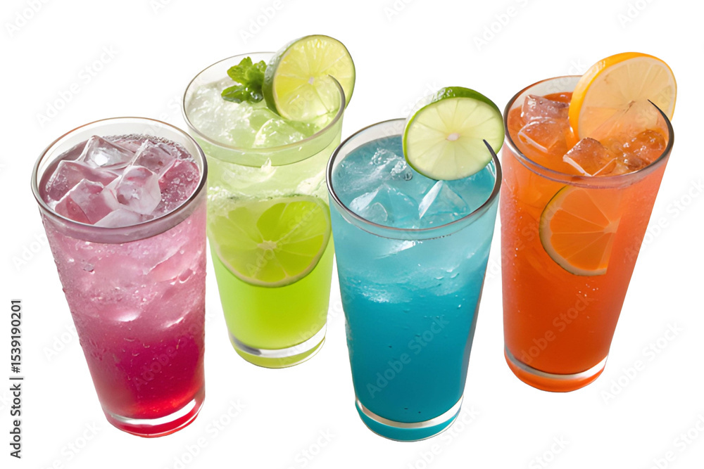 Cocktails with lemon or lime, cocktail with lime ice, glass of lemonade Cocktails with lemon or lime, cocktail with lime ice, glass of lemonade