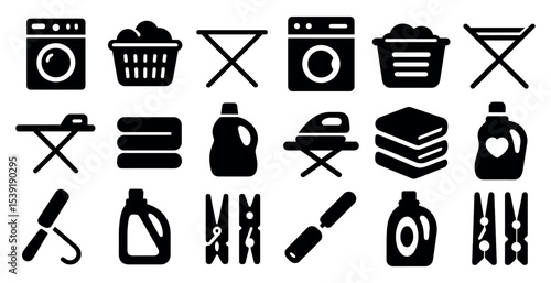 Collection of laundry symbols and icons. The laundry symbols include a washing machine, dryer, ironing board, and various laundry items such as clothes, detergent, and a basket