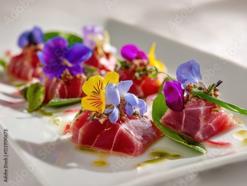 Wallpaper Mural Slices of raw fish topped with vibrant edible flowers and greens are artistically arranged on a white rectangular plate, creating an elegant and colorful culinary presentation Torontodigital.ca