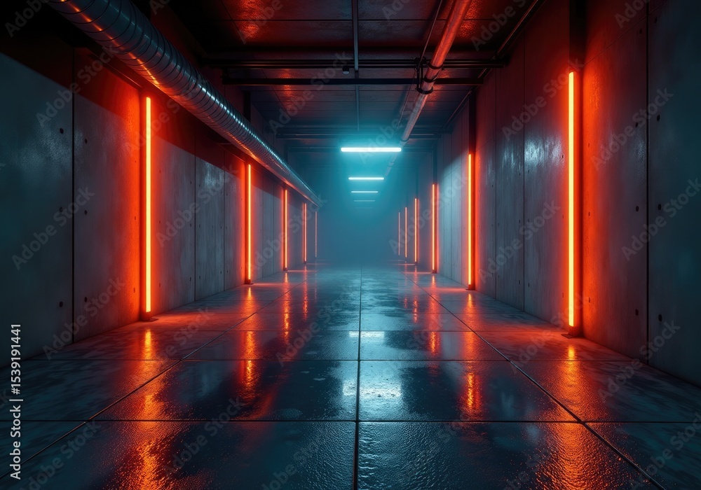 Fototapeta premium Mysterious dark sci-fi tunnel with red and blue neon lights is reflecting on wet floor