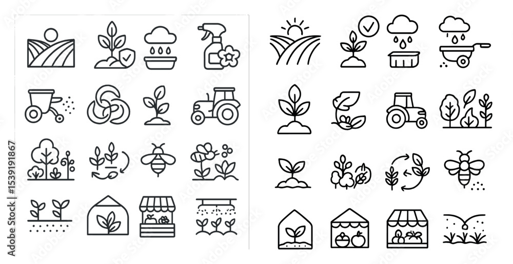 Fototapeta premium The image is a collection of farm-related icons, including tractors, bees, and other farm equipment. The icons are arranged in a grid, with some icons overlapping each other