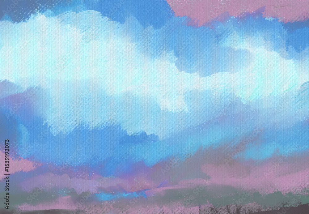 Fototapeta premium Impressionistic Sunset Sunrise Cloudscape Landscape Digital Painting, Art-Cloud Over Meadow in Vibrant Striking Colors of Blue, Purple & Charcoal Gray w/Canvas & Paint Texture-Backdrop, Background