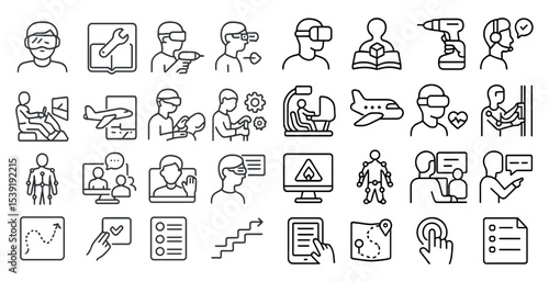 Collection of icons depicting various activities and objects, including a person wearing a VR headset, a person holding a book, a person holding a remote, a person holding a video game controller, a