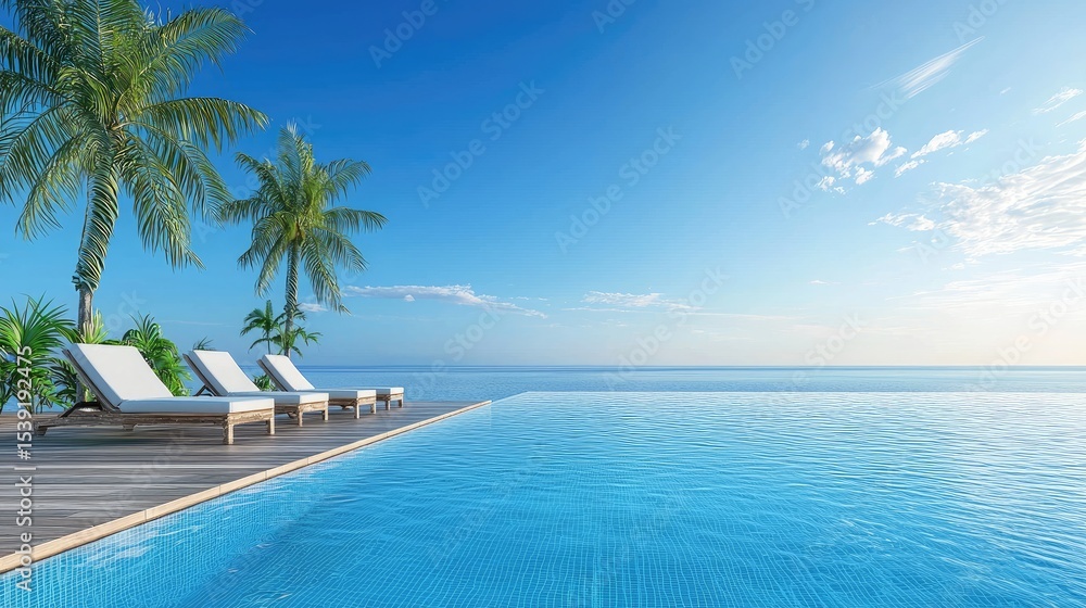 Fototapeta premium Tropical infinity pool with lounge chairs by the ocean.