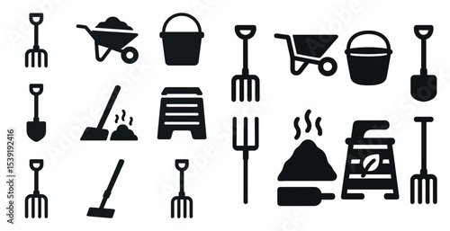 Collection of black and white icons for various gardening tools and equipment. The icons include shovels, rakes, wheelbarrows, and other tools. Scene is that of a garden or yard