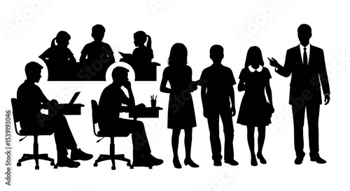 Silhouettes of people in a group setting with some at desks and others standing together nicely drawn on transparent background