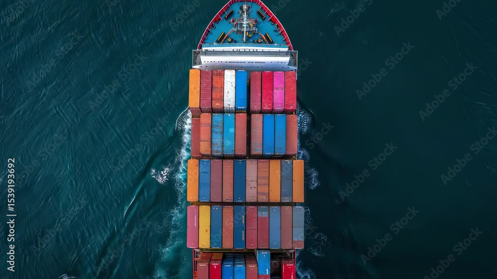 An overhead view of a container ship traversing vast, deep blue sea ...