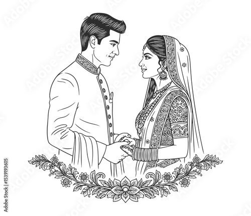 Minimalist Indian Bride and Groom Vector – Black and White Wedding Silhouette with Floral Motif
