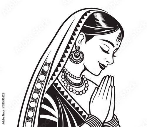 Smiling Indian Woman in Traditional Attire - Namaste Gesture