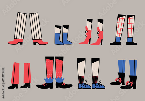 Wallpaper Mural Various small, tiny and big human legs, different pants and shoes in flat style. Cartoon comic style. Colorful hand drawn vector illustration. Isolated doodle design elements. Icon, logo, print. Torontodigital.ca