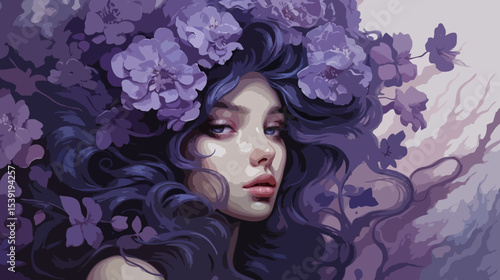 Lady covered with violet flowers