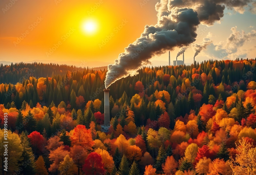 Fototapeta premium Smokestacks belch black smoke into a vibrant sun-drenched forest, contrast, industrialization