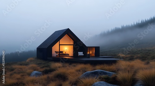 Black modern cabin house with large glass windows on a foggy hillside, moody atmosphere, outdoor deck, minimalistic design, rural landscape, copy space for text


