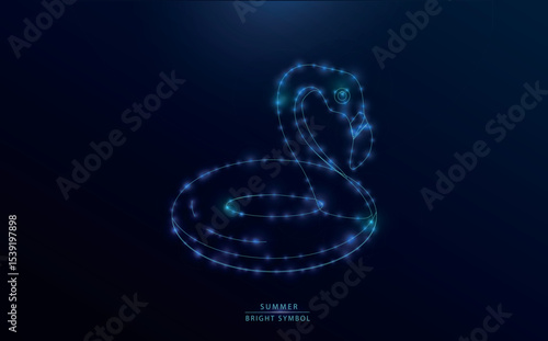 Glowing constellation-style illustration of a flamingo float. Starry particles form a neon summer symbol in a cosmic, dreamy night sky.