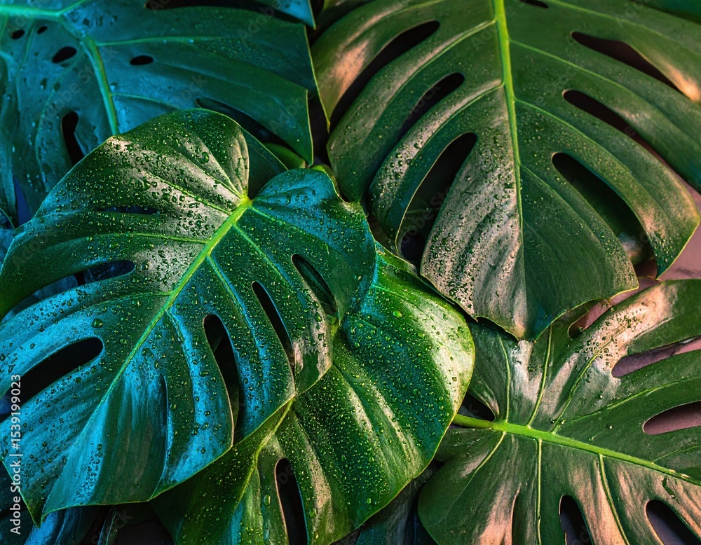 Fototapeta premium Close up Of Dark Green And Teal Plant Leaves With Sparkle And Water Droplets